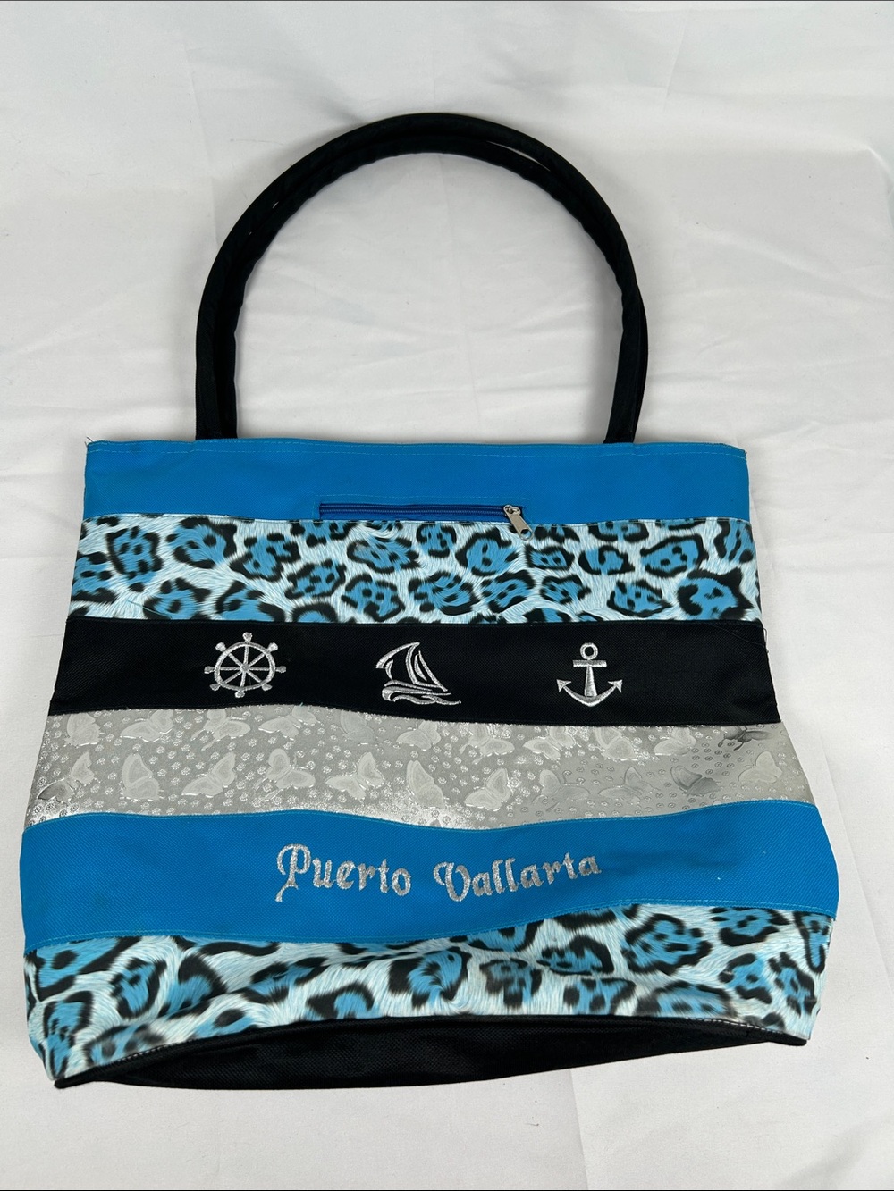 Puerto Vallarta Tote Blue Animal Print Beach Nautical Silver Butterflies